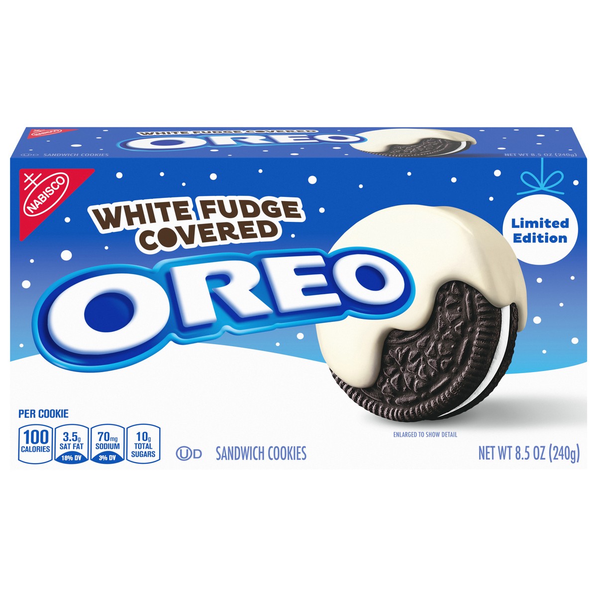 slide 1 of 9, OREO White Fudge Covered Chocolate Sandwich Cookies, Holiday Cookies, 8.5 oz, 8.5 oz