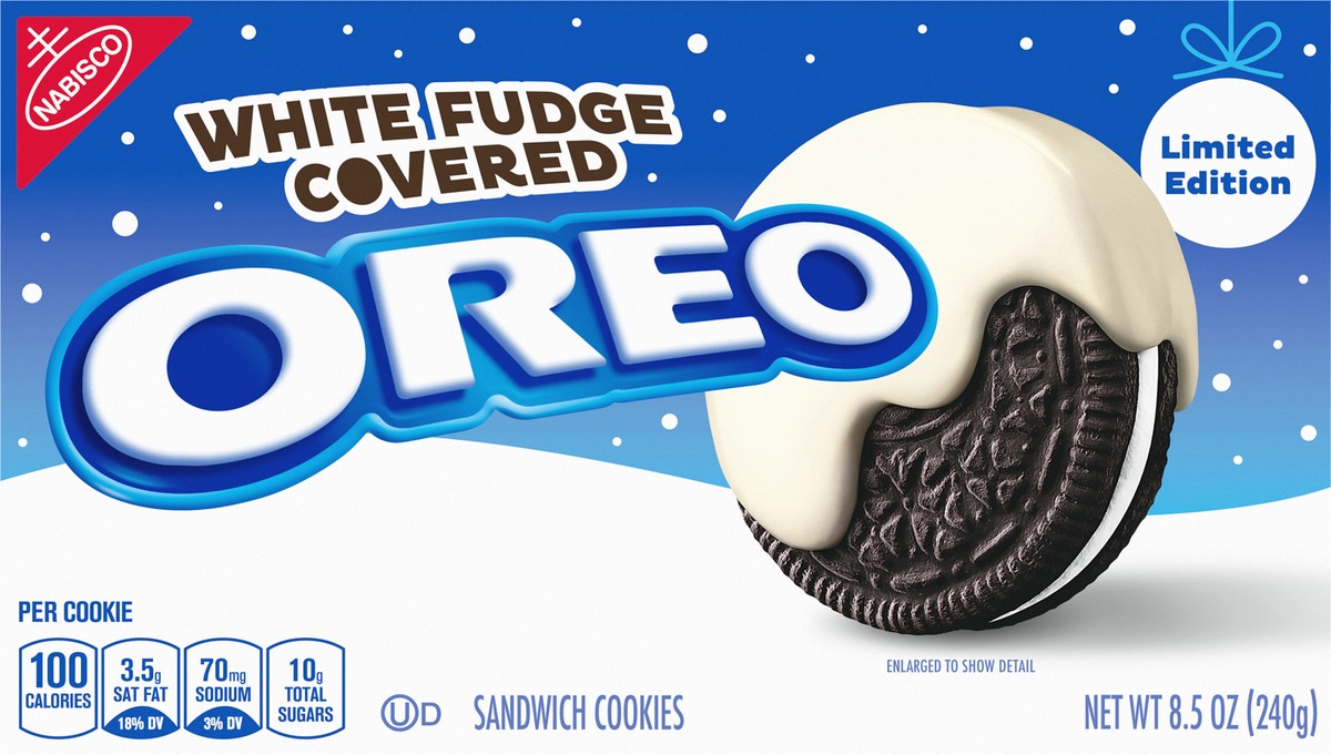 slide 6 of 9, OREO White Fudge Covered Chocolate Sandwich Cookies, Holiday Cookies, 8.5 oz, 8.5 oz