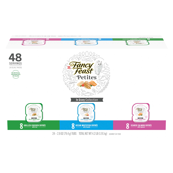 slide 1 of 1, Fancy Feast Purina Fancy Feast Gourmet Wet Cat Food Variety Pack, Petites Gravy Collection, break-apart tubs, 48 servings, 4.2 lb