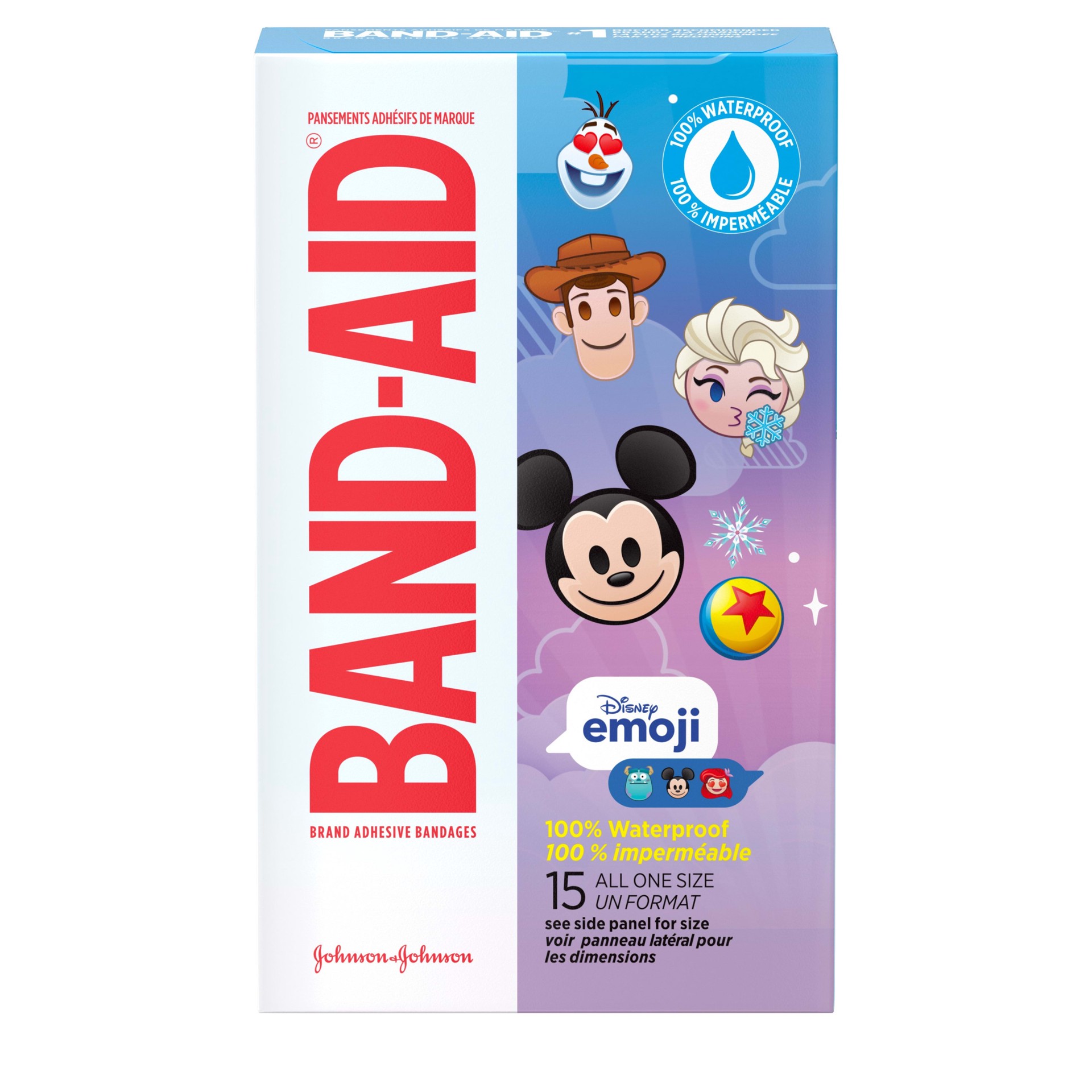 slide 1 of 7, BAND-AID Adhesive Bandages for Minor Cuts & Scrapes, 100% Waterproof Wound Care Bandages for Kids and Toddlers Featuring Disney Emoji Characters, All One Size, 15 ct, 15 ct