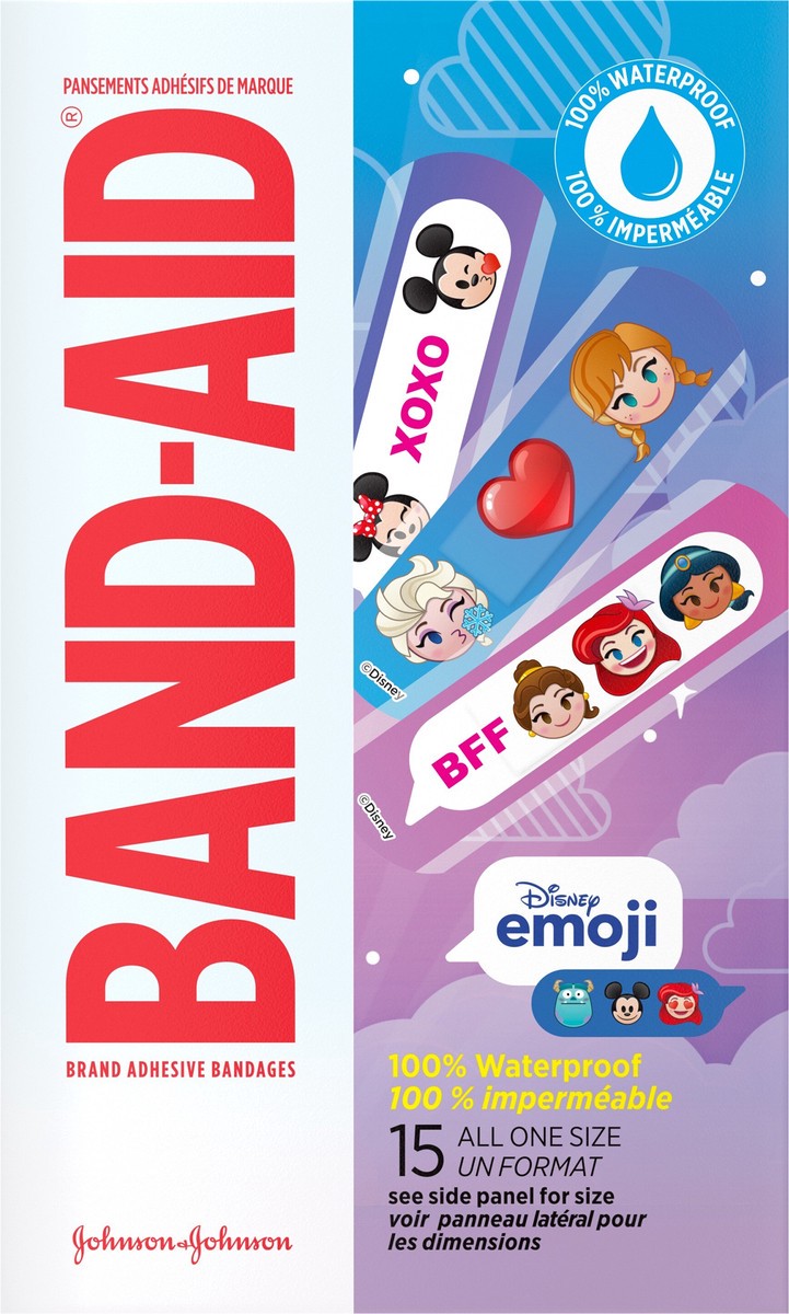 slide 2 of 7, BAND-AID Adhesive Bandages for Minor Cuts & Scrapes, 100% Waterproof Wound Care Bandages for Kids and Toddlers Featuring Disney Emoji Characters, All One Size, 15 ct, 15 ct
