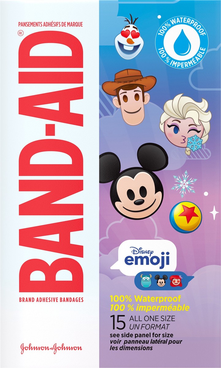 slide 3 of 7, BAND-AID Adhesive Bandages for Minor Cuts & Scrapes, 100% Waterproof Wound Care Bandages for Kids and Toddlers Featuring Disney Emoji Characters, All One Size, 15 ct, 15 ct