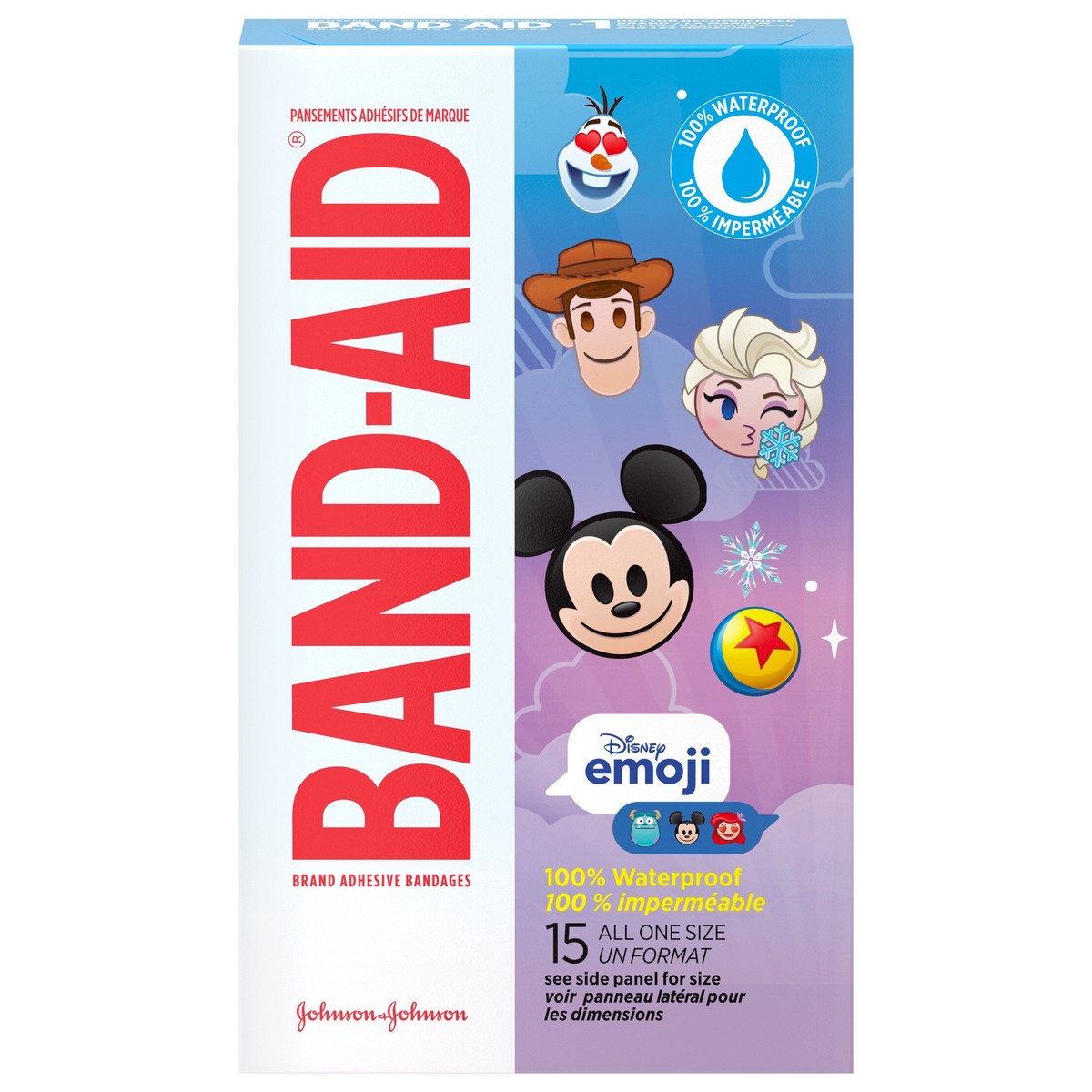 slide 1 of 7, BAND-AID Adhesive Bandages for Minor Cuts & Scrapes, 100% Waterproof Wound Care Bandages for Kids and Toddlers Featuring Disney Emoji Characters, All One Size, 15 ct, 15 ct