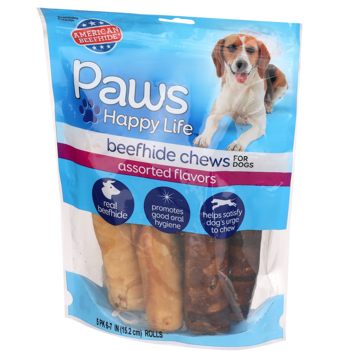 slide 3 of 8, Paws Happy Life Beefhide Chews Assorted Flavors, 5 ct