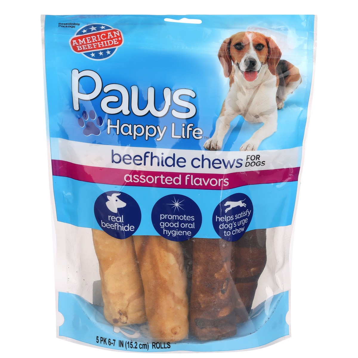 slide 1 of 8, Paws Happy Life Beefhide Chews Assorted Flavors, 5 ct