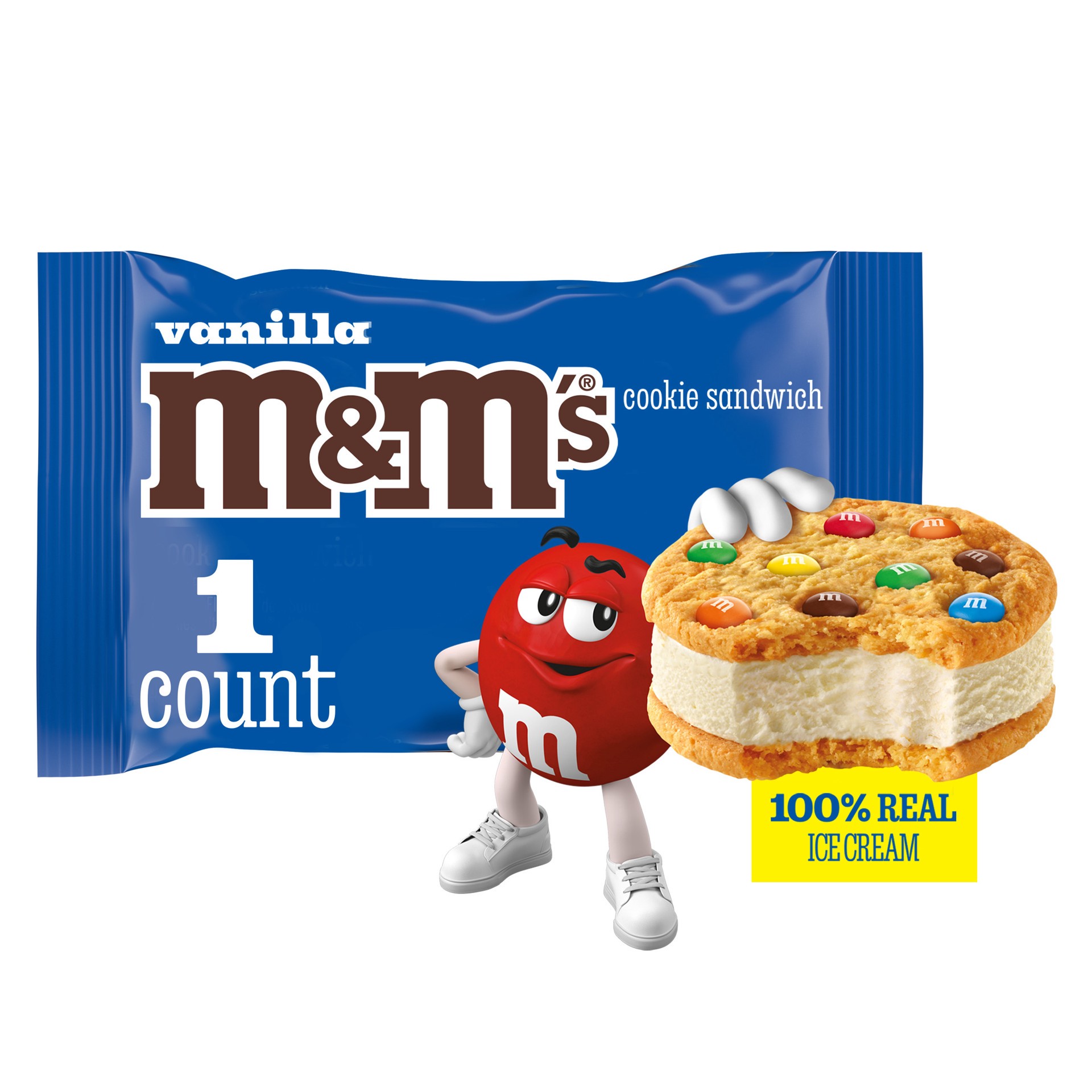 slide 1 of 4, M&M's Vanilla Ice Cream Cookie Sandwich, Reduced Fat Vanilla Ice Cream Dessert Cookie Sandwich, 4 Oz, 4 fl oz