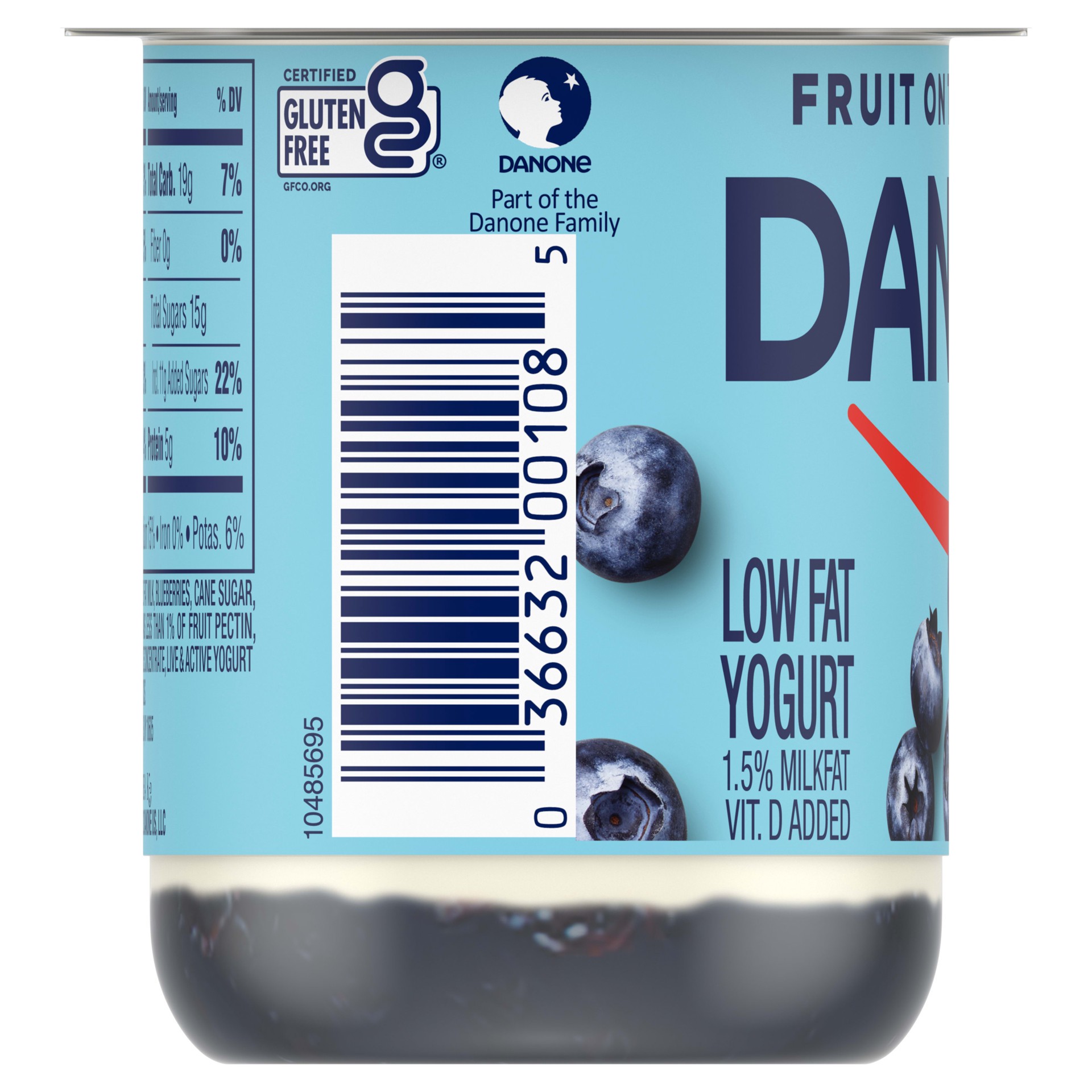 slide 2 of 5, Dannon Fruit on the Bottom Blueberry Low Fat Yogurt, Gluten Free Snacks with Real Blueberry Pieces, Good Source of Calcium and Vitamin D, 5.3 OZ Yogurt Container, 5.3 oz
