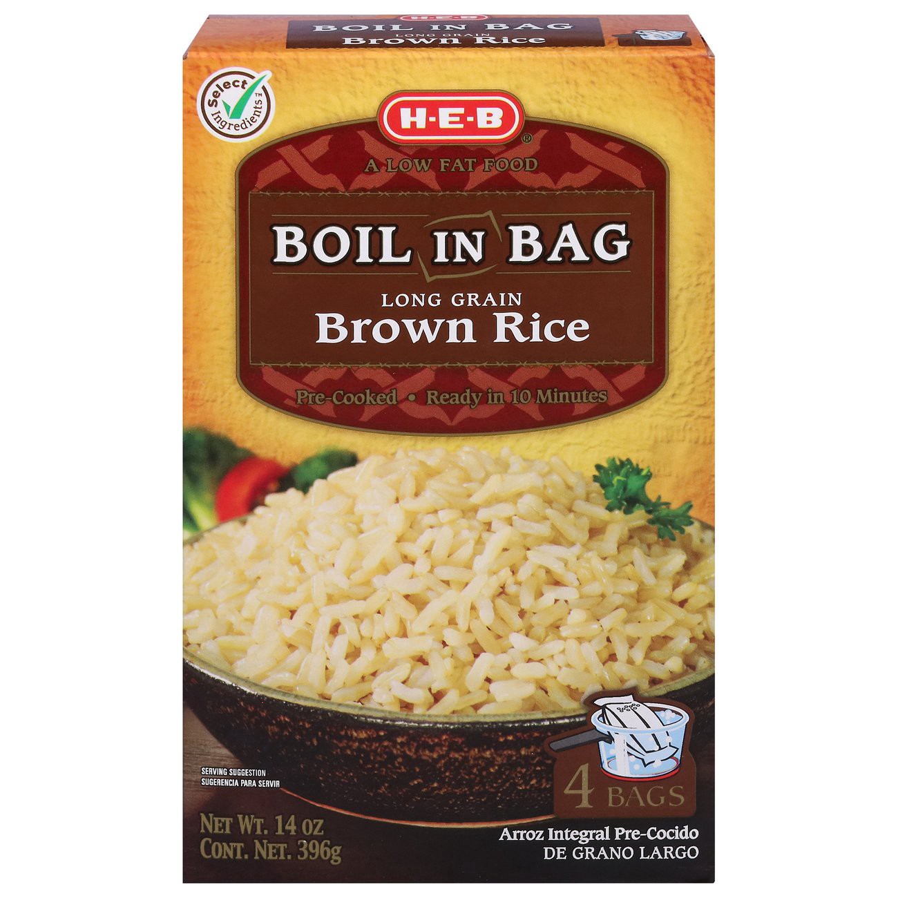 slide 1 of 1, H-E-B Boil in Bag Long Grain Brown Rice, 4 ct
