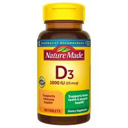 Nature Made Vitamin D3 1000 IU (25 mcg), Vitamin D Supplement for Bone, Teeth, Muscle and Immune Health Support, 100 Tablets, 100 Day Supply
