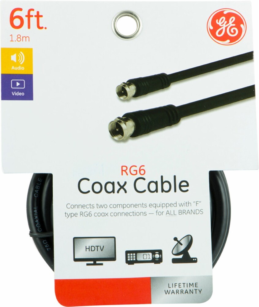 slide 1 of 1, GE Audio/Video Coax Cable, RG6 - Black, 6 ft
