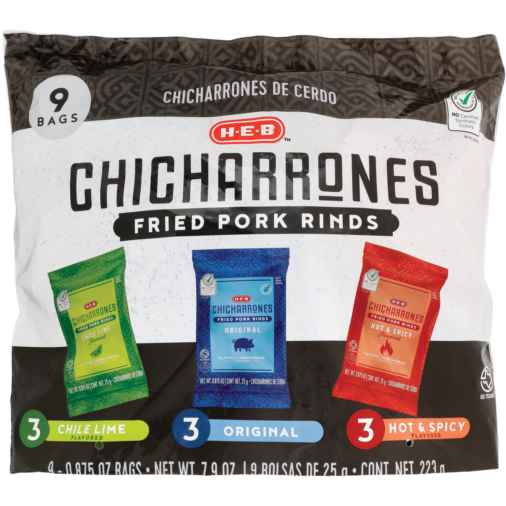 slide 1 of 1, H-E-B Select Ingredients Chicharrones Fried Pork Rinds Multipack, 9 ct