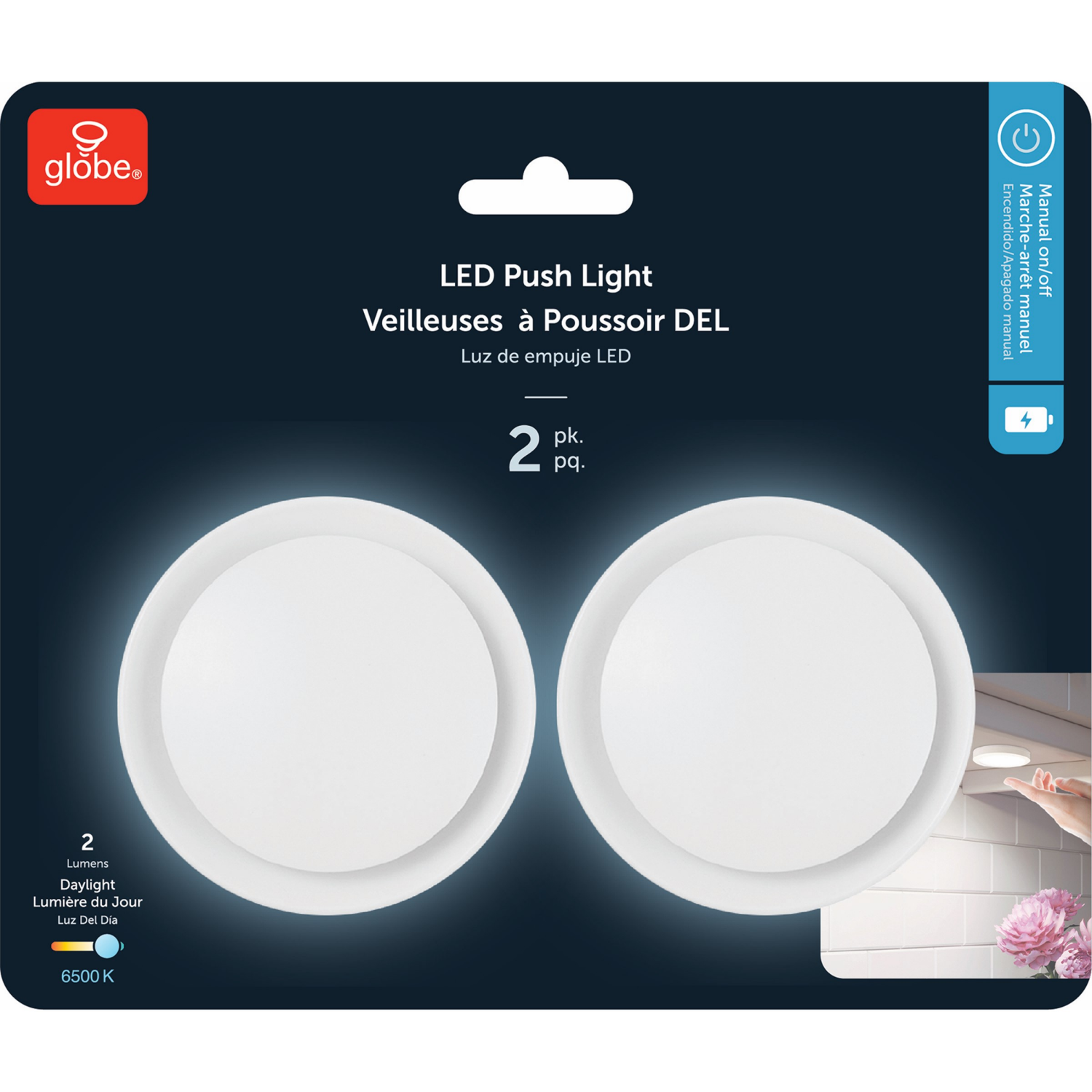 slide 2 of 3, Globe 2pk 3in Push Nightight Battery Operated, 2 ct