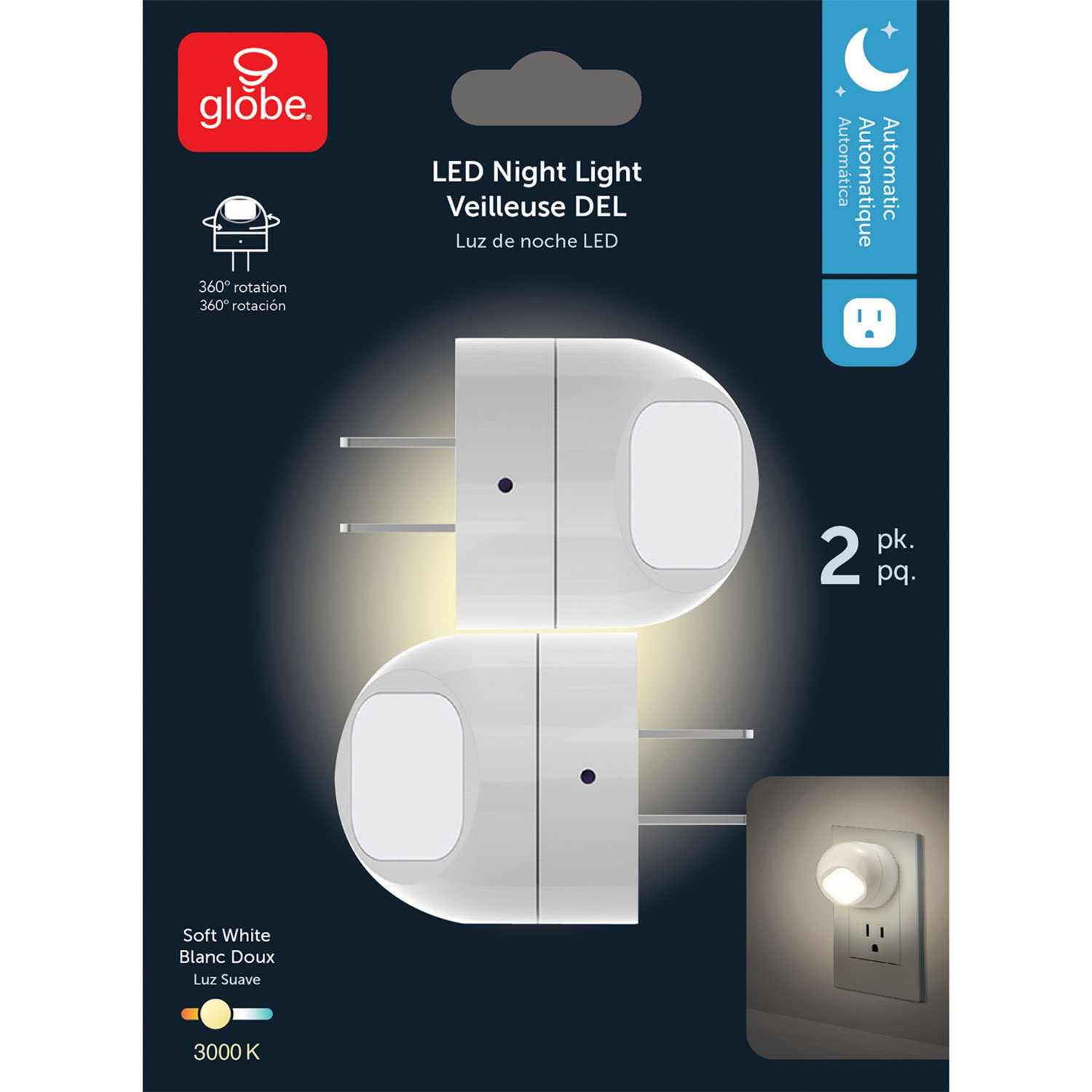 slide 2 of 3, Globe Electric 2pk LED Directional NL Warm White 3000K 5LM Auto on/off PDQ 6 units, 2 ct