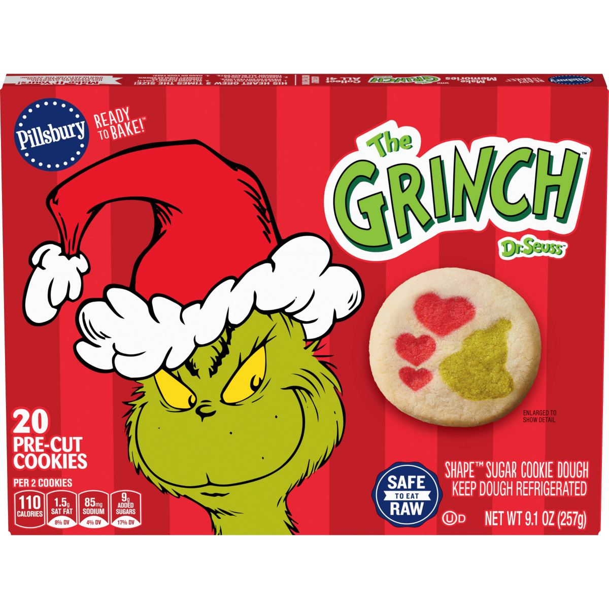 slide 1 of 13, Pillsbury Dr. Seuss The Grinch Shape Sugar Cookie Dough 20 Count, 9.1 OZ, 20 ct; 9.1 oz