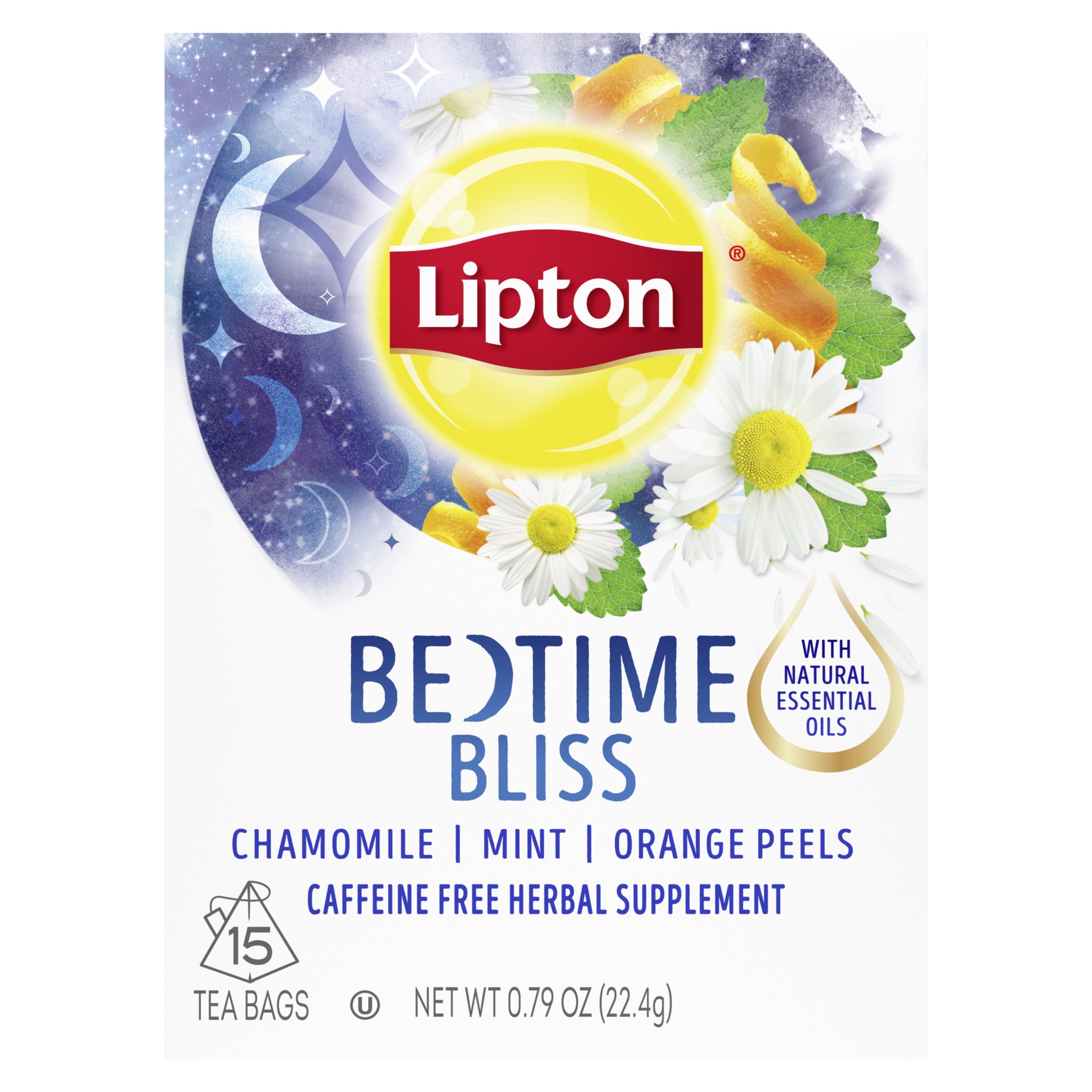 slide 1 of 4, Lipton Bedtime Bliss Herbal Supplement Tea Bags Chamomile, Mint, and Orange Peels- 15 ct, 15 ct