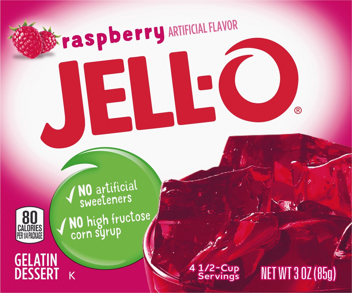 slide 6 of 9, Jell-O Raspberry Artificially Flavored Gelatin Dessert Mix, 3 oz Box, 3 oz