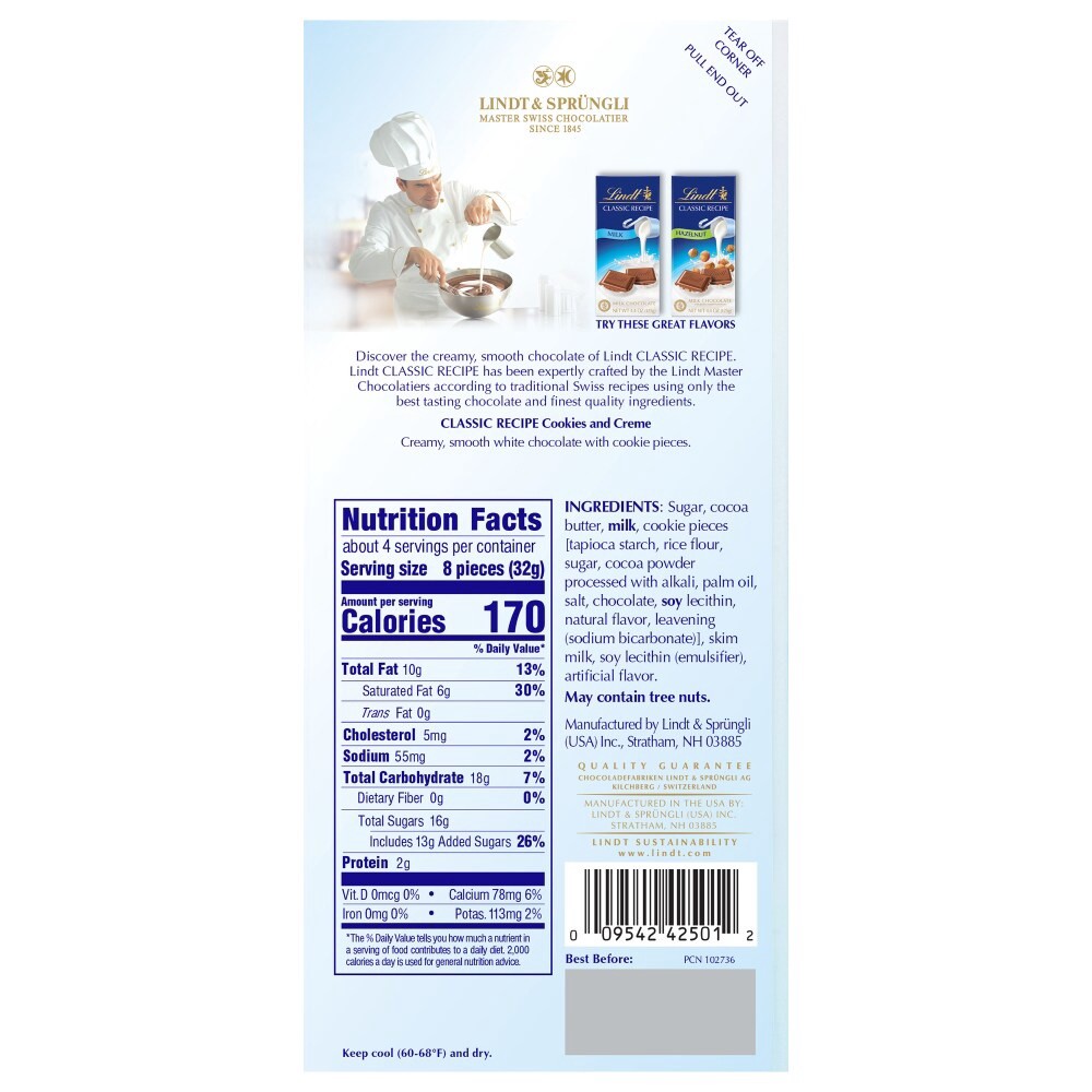 slide 5 of 5, Lindt Classic Recipe Cookies And Creme White Chocolate Bar, 4.2 oz