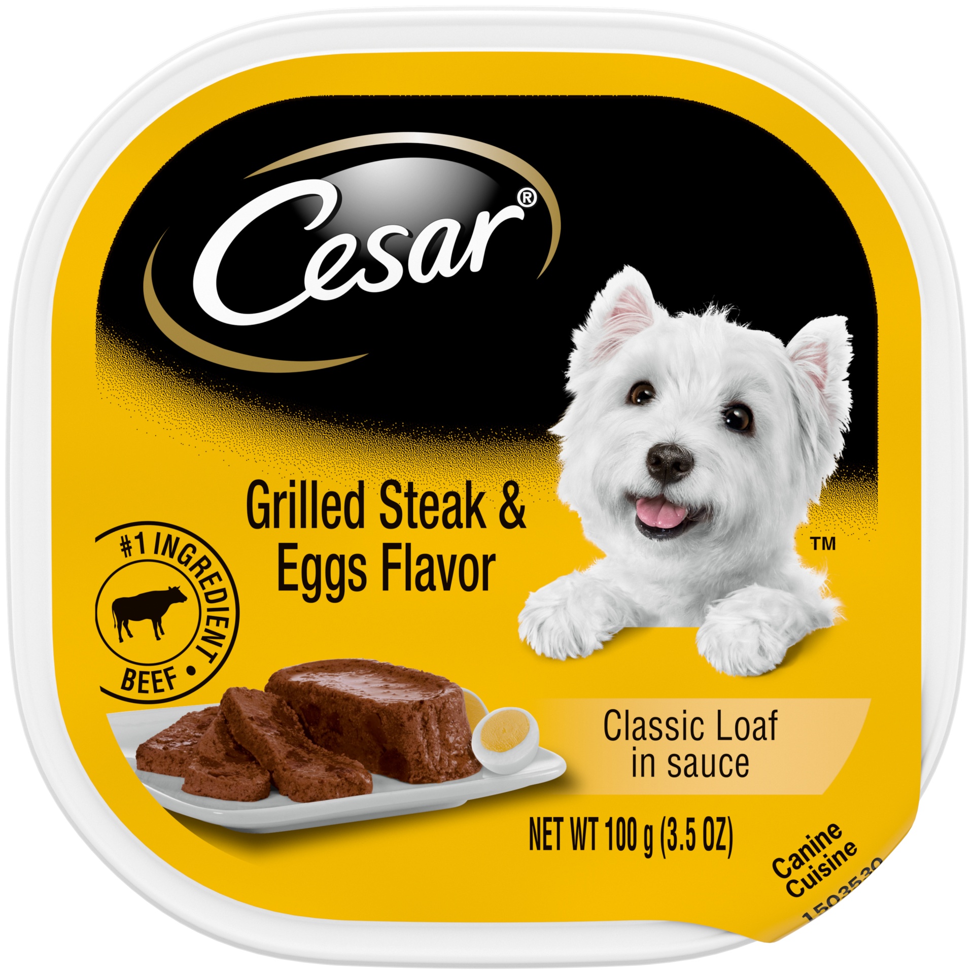 slide 1 of 7, CESAR Soft Wet Dog Food Classic Loaf in Sauce Grilled Steak and Eggs Flavor, (24) Easy Peel Trays, 3.5 oz
