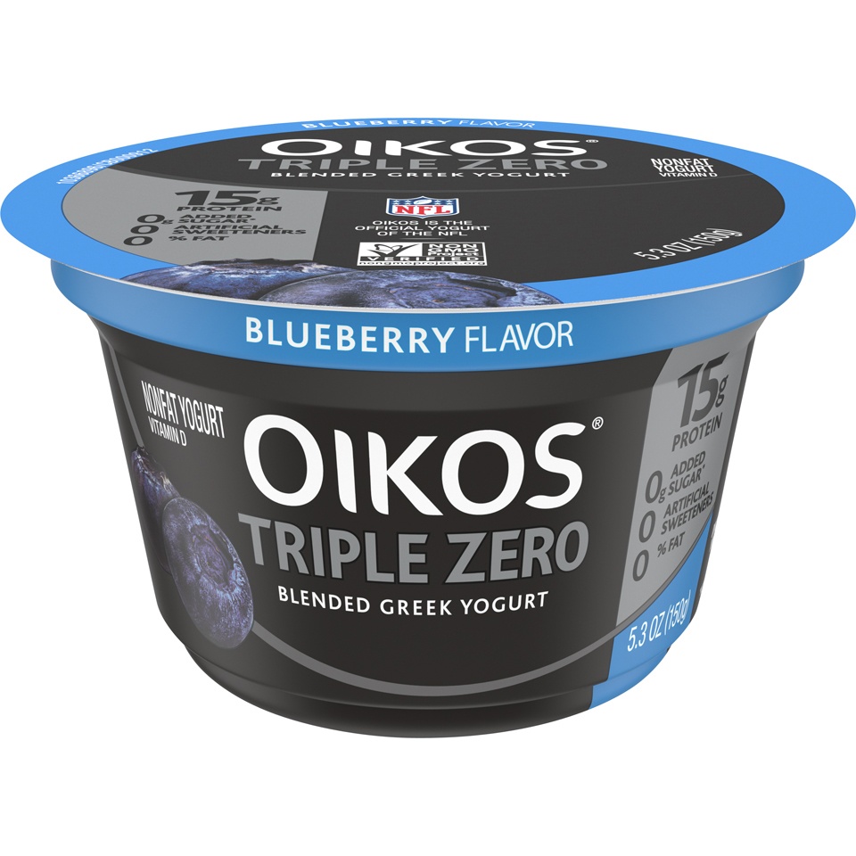 slide 2 of 5, Oikos Blueberry 15g Protein, 0g Added Sugar, Nonfat Greek Yogurt, 5.3 OZ Cup, 5.3 oz