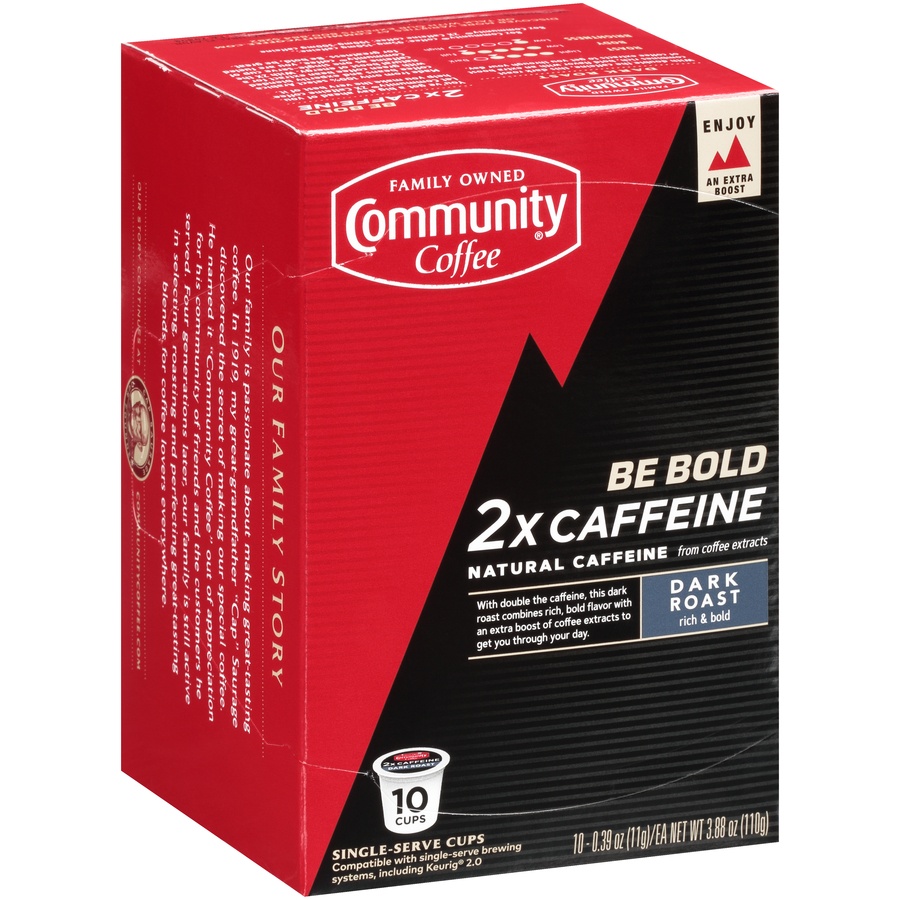 slide 2 of 7, Community Coffee Singe-Serve Cups Dark Roast 2x Caffeine Coffee 10 ea, 10 ct