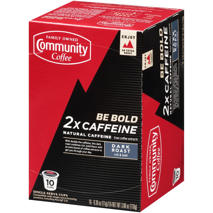 slide 3 of 7, Community Coffee Singe-Serve Cups Dark Roast 2x Caffeine Coffee 10 ea, 10 ct