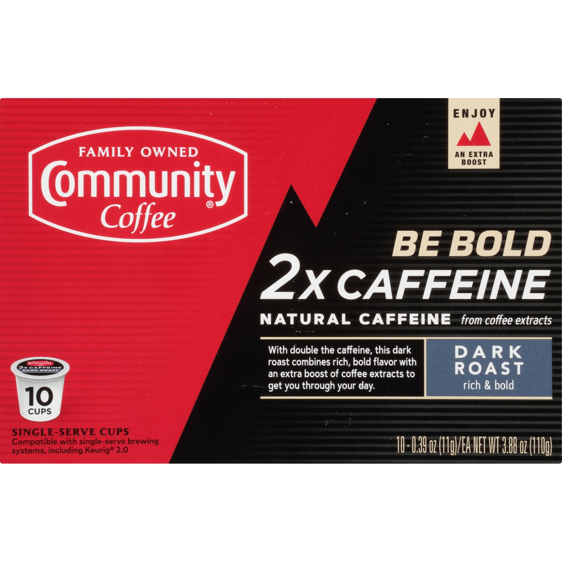slide 5 of 7, Community Coffee Singe-Serve Cups Dark Roast 2x Caffeine Coffee 10 ea, 10 ct