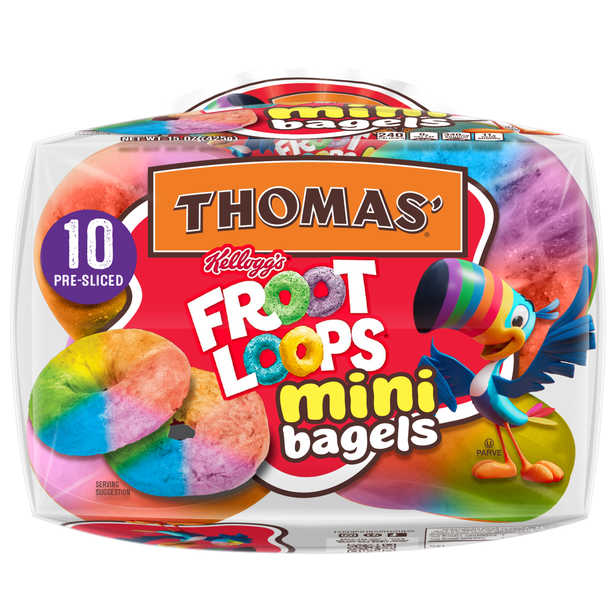 slide 1 of 1, Thomas' Froot Loops Mini Bagels, 10 count, Pre-sliced Bagels, 15 oz Bag, 10 ct