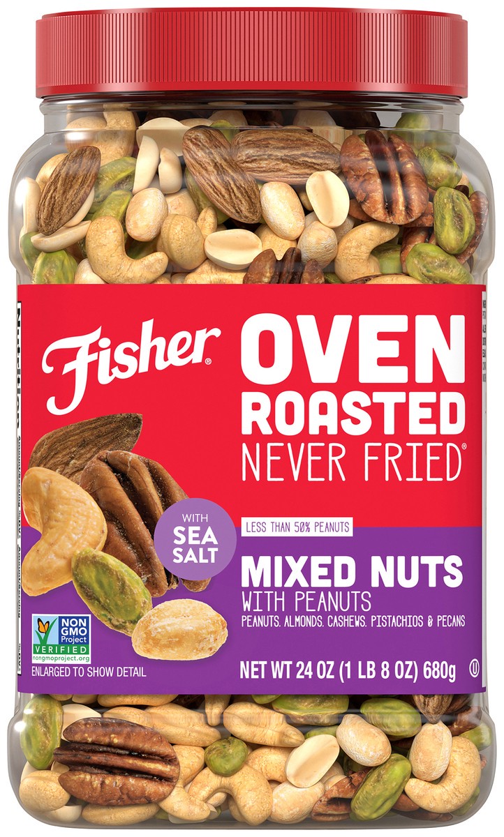 slide 5 of 9, Fisher Never Fried Oven Roasted with Sea Salt Mixed Nuts with Peanuts 24 oz, 24 oz