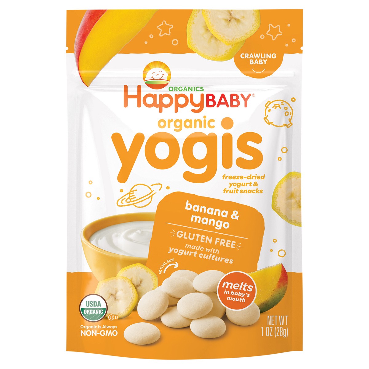 slide 1 of 3, Happy Baby Happy Family HappyBaby Organic Yogis Banana & Mango Freeze-Dried Yogurt & Fruit Baby Snacks - 1oz, 1 oz