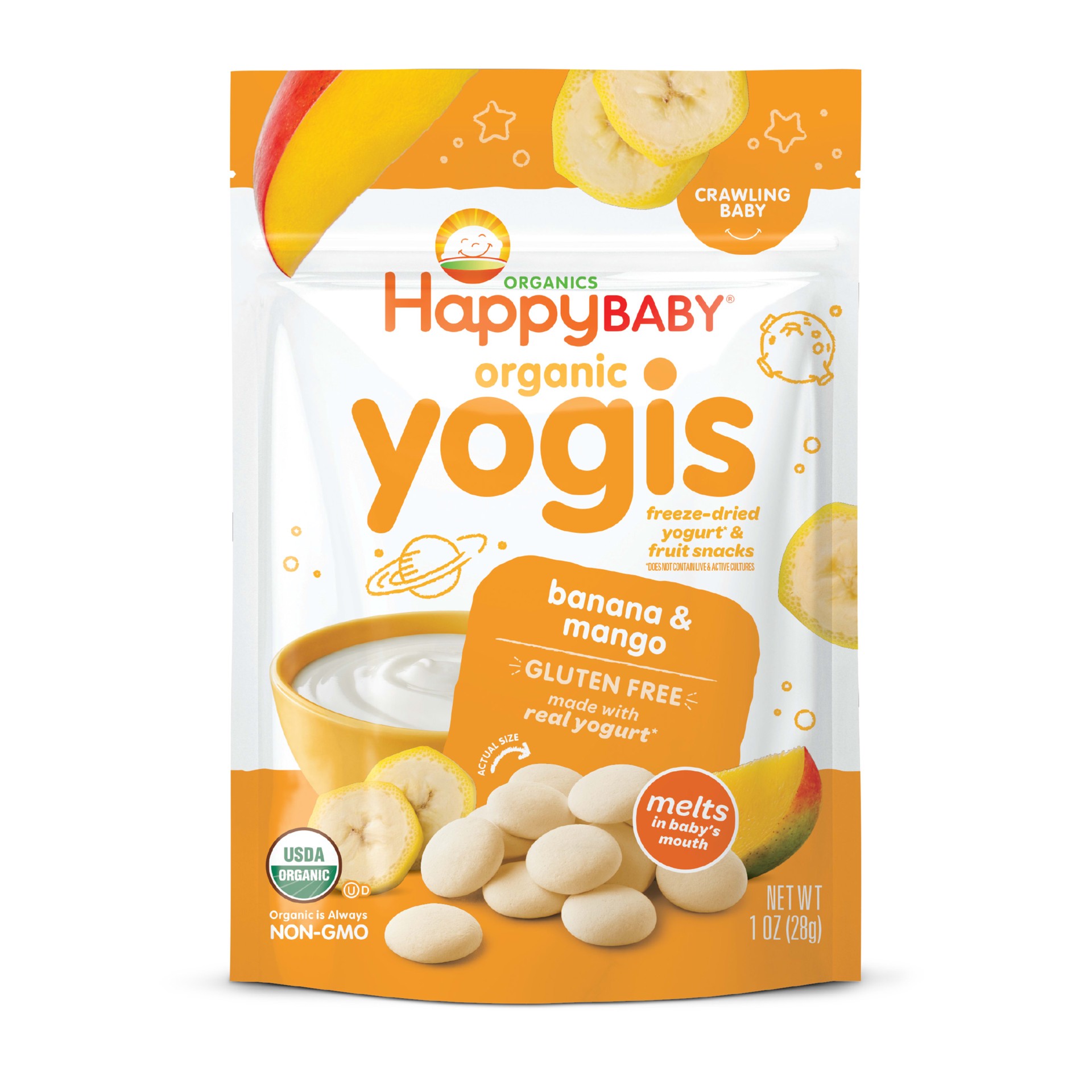 slide 1 of 3, Happy Baby Organics Organic Yogis Freeze-Dried Yogurt & Fruit Snacks Banana Mango 1 oz UNIT, 1 oz