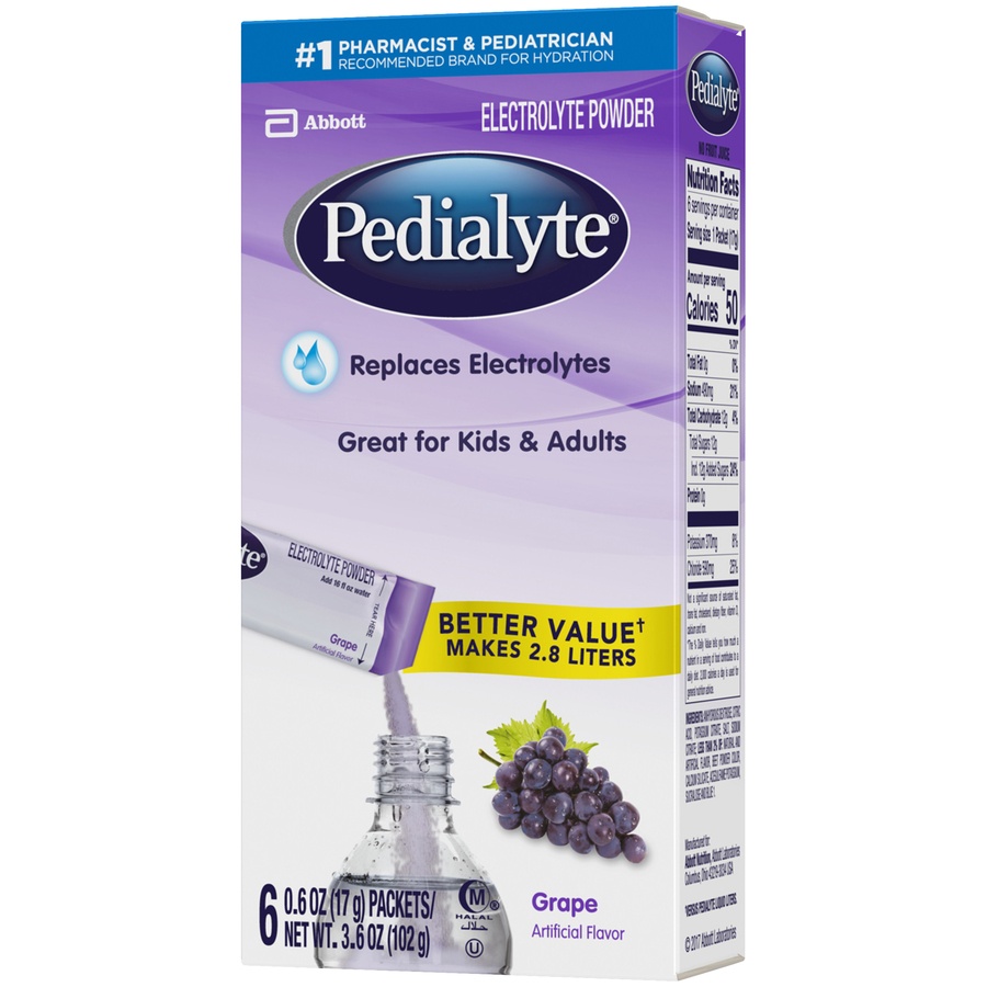 slide 3 of 4, Pedialyte Grape Electrolyte Powder 6-0.6 Oz. Powder Packs, 3.6 oz