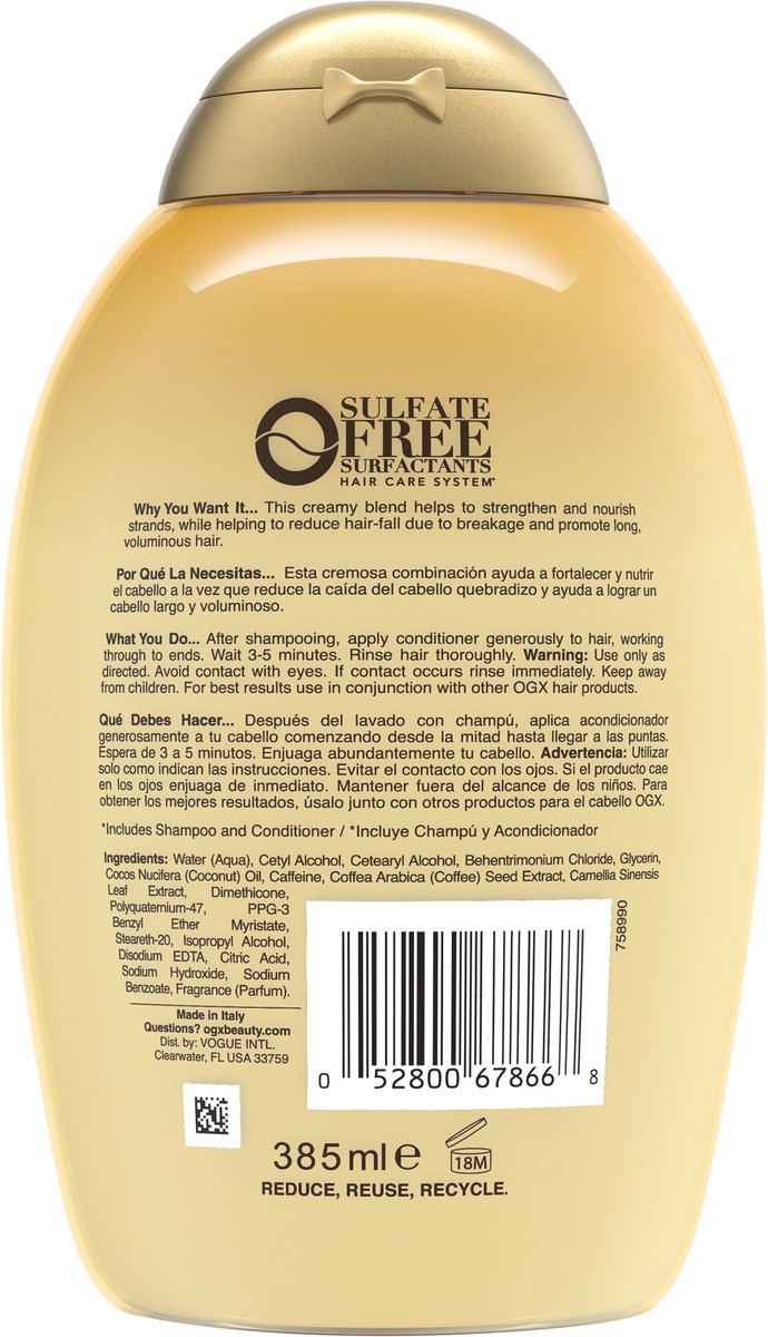 slide 3 of 5, OGX Anti-Hair Fall + Coconut Caffeine Strengthening Conditioner, 13 fl oz