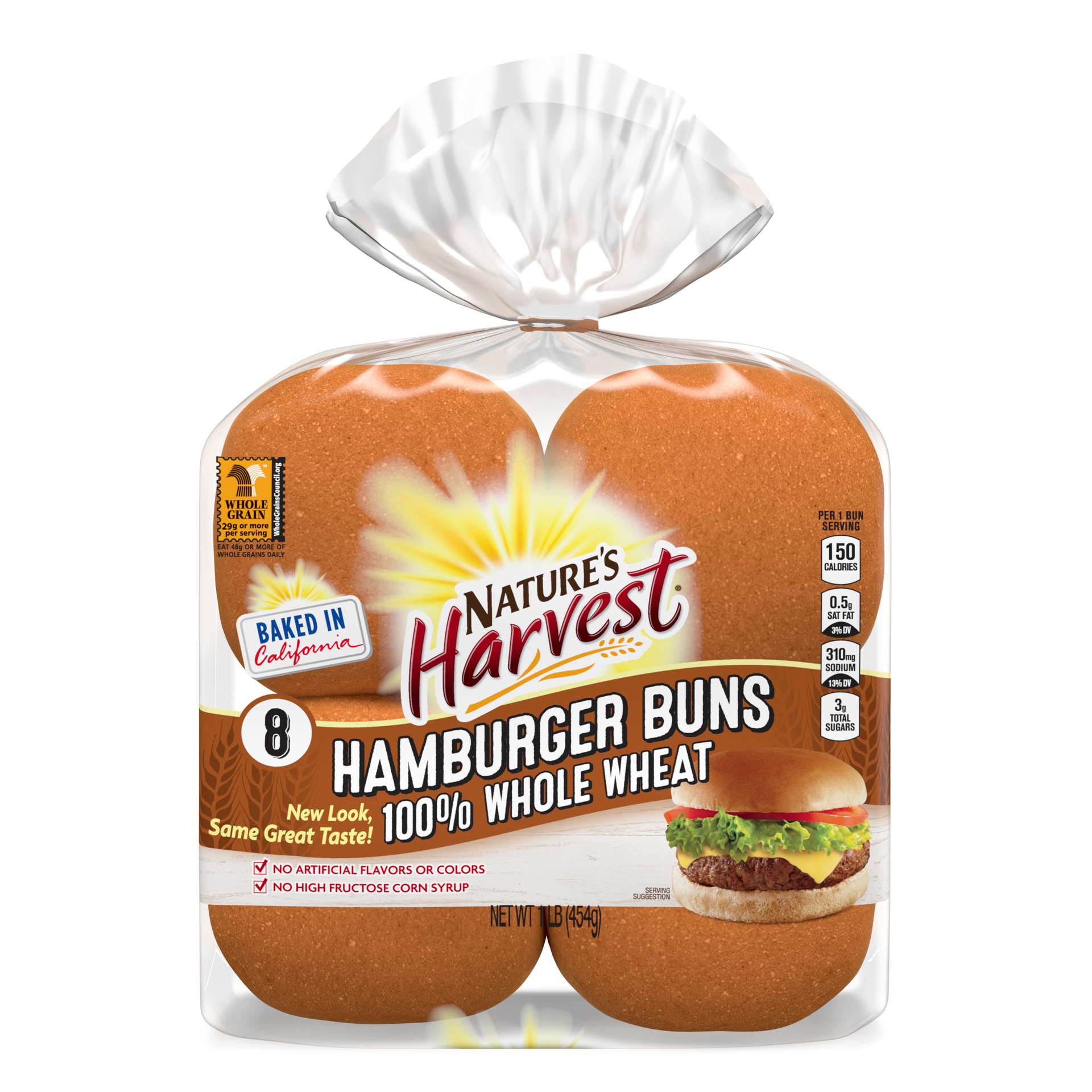 slide 1 of 1, Nature's Harvest 100% Whole Wheat Hamburger Buns, 8 count, 16 oz, 8 ct