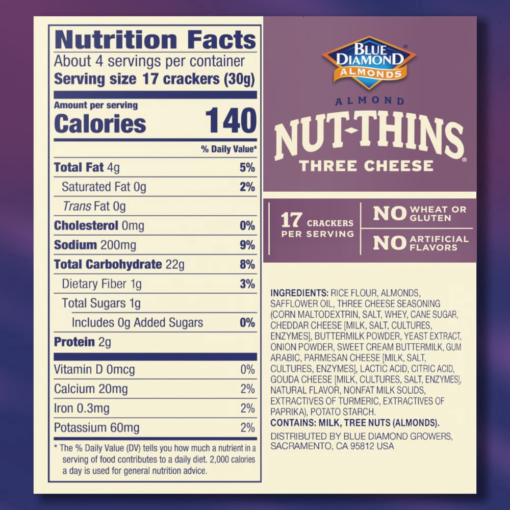 slide 4 of 5, Blue Diamond Nut-Thins Almond Three Cheese Rice Cracker Snacks 4.25 oz, 4.25 oz