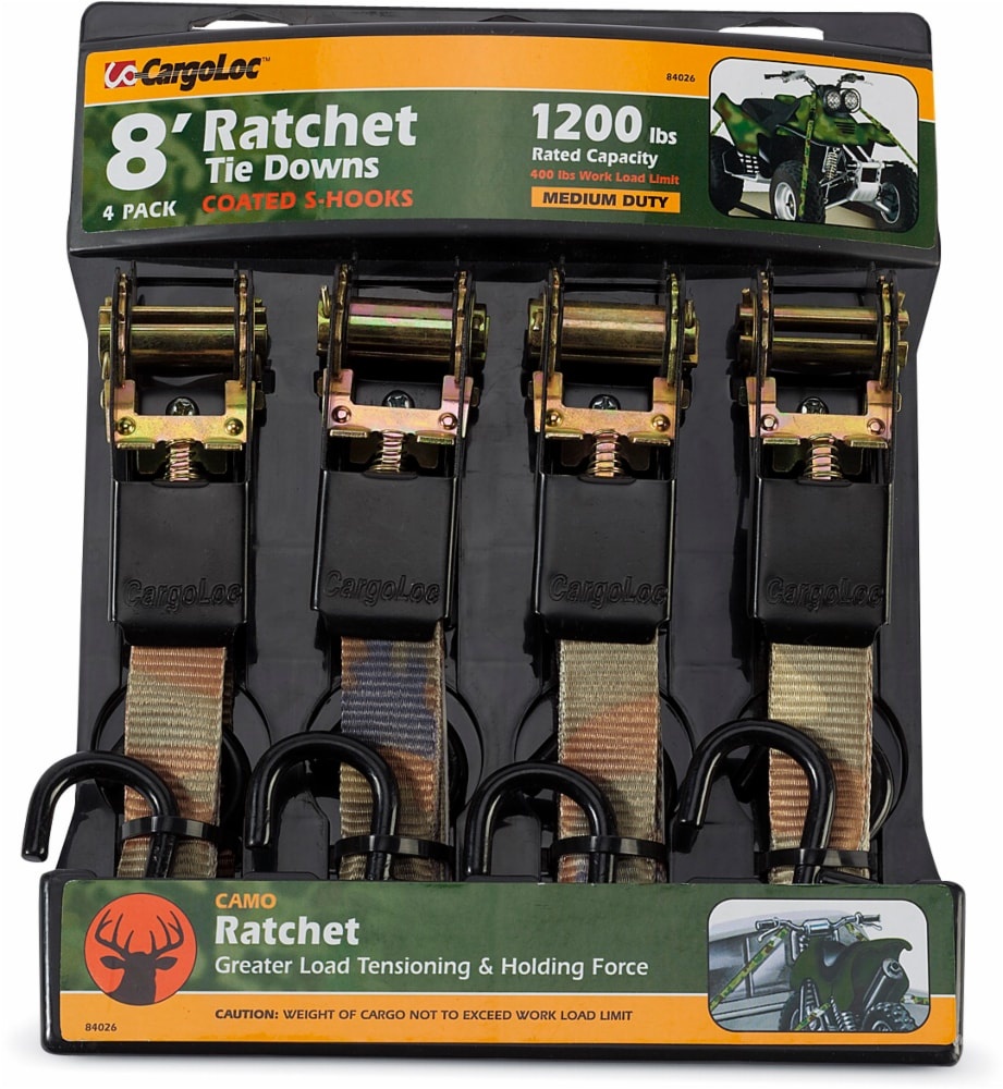 slide 1 of 1, CargoLoc Medium Duty Ratchet Tie Downs - 4 Pack - Camo - 8 Foot, 8 ft