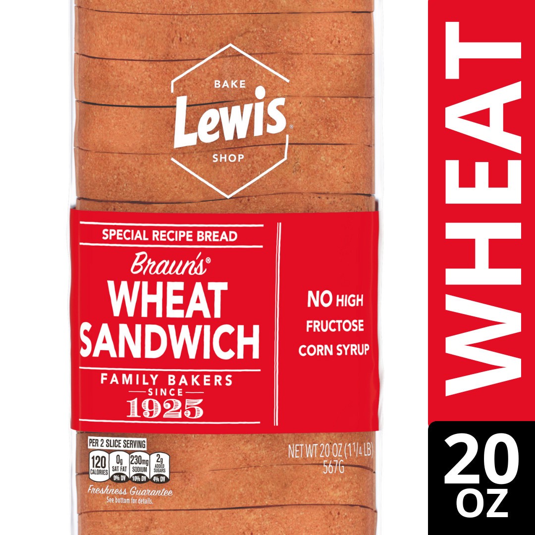 slide 1 of 5, Lewis Bakeries Braun's Wheat Sandwich Bread, 20 oz, 20 oz