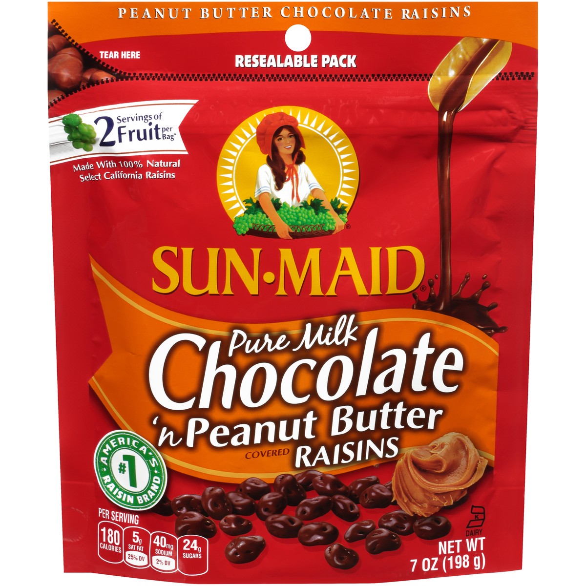 slide 1 of 1, Sun-Maid Sun Maid Sun-Maid Pure Milk Chocolate 'N Peanut Butter Covered Raisins 7 Oz. Pack, 7 oz