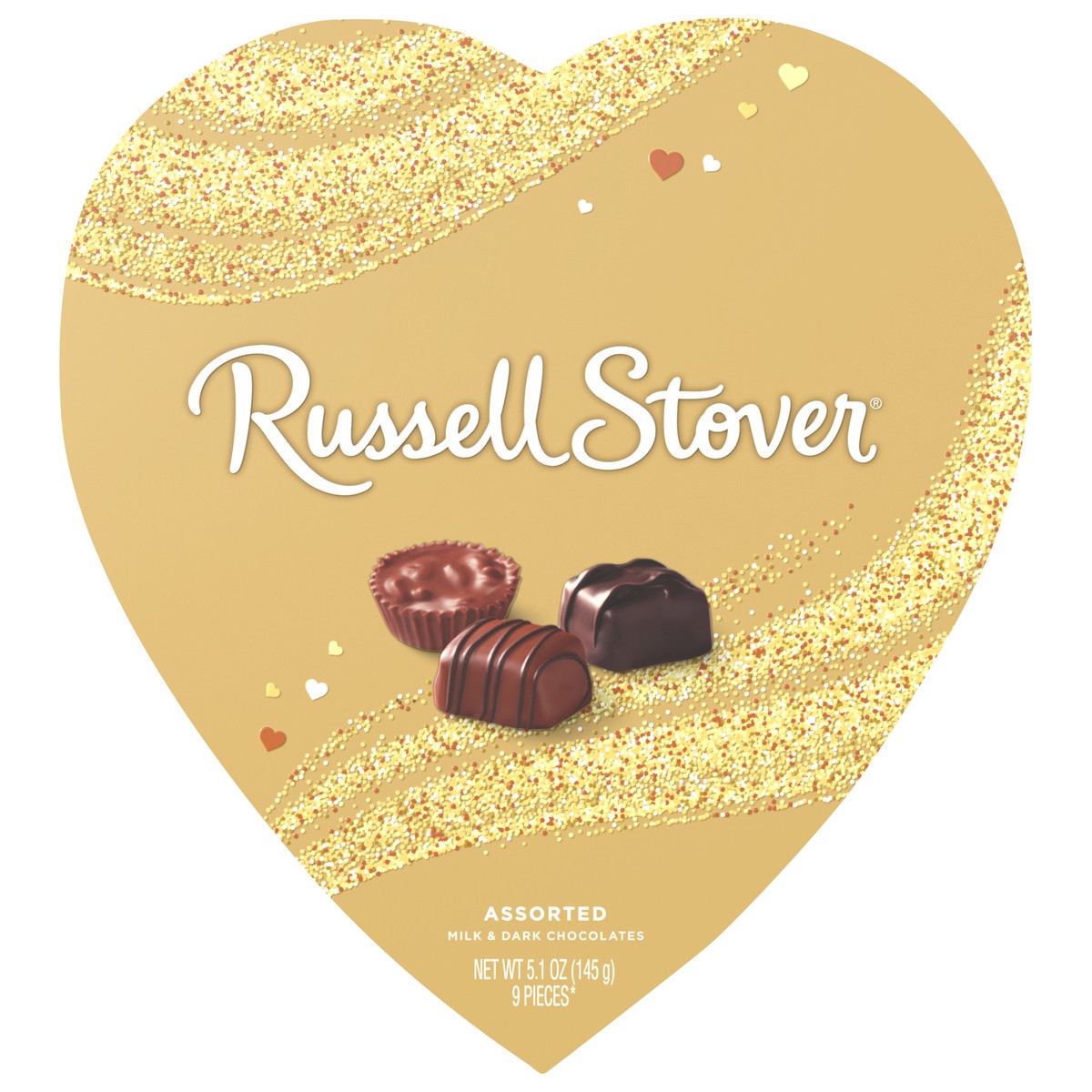 slide 1 of 14, RUSSELL STOVER Valentine's Day Gold Foil Heart Assorted Milk & Dark Chocolate Candy Gift Box, 5.1 oz., 9 ct