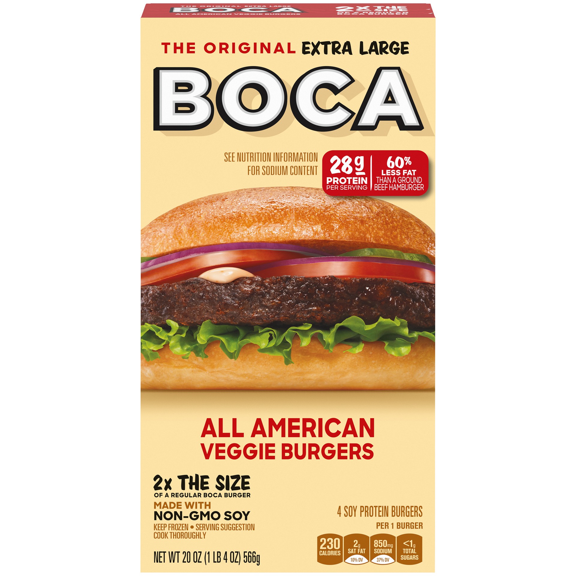 slide 1 of 5, BOCA Extra Large All American Veggie Burger with Non-GMO Soy, 4 ct Box, 20 oz