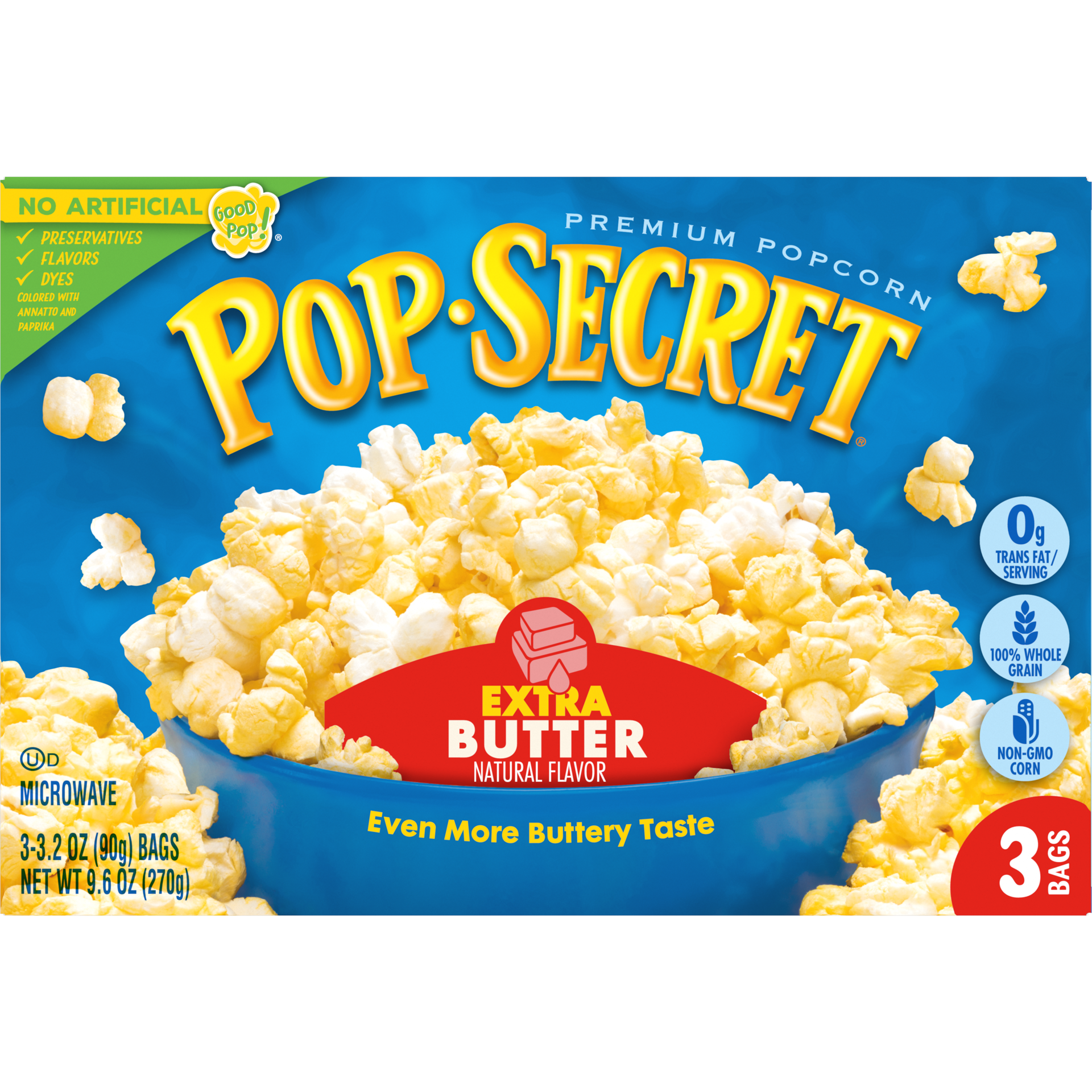 slide 2 of 5, Pop-Secret Microwave Popcorn, Extra Butter Flavor, 3.2 Oz Sharing Bags, 3 Ct, 9.6 oz