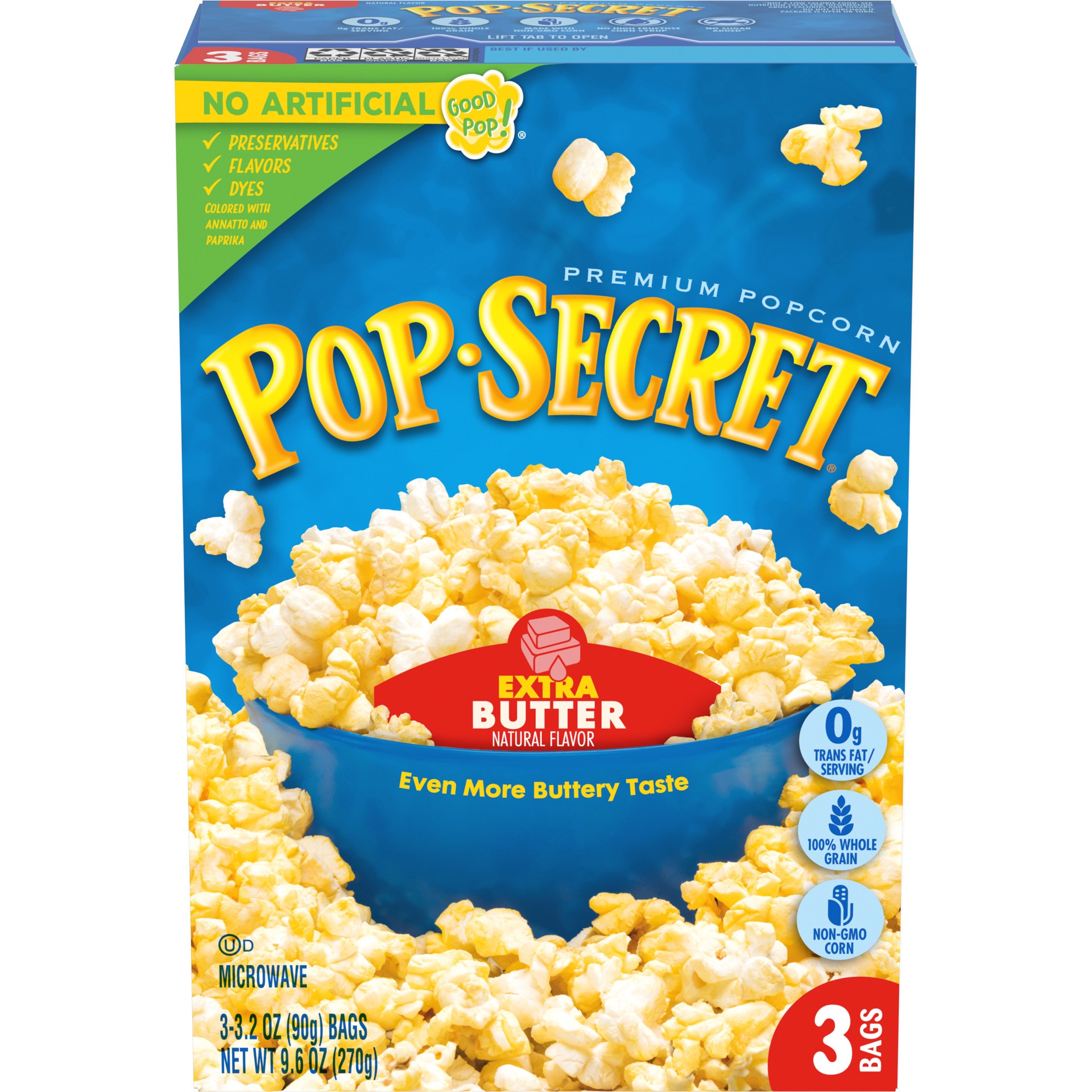 slide 1 of 5, Pop-Secret Microwave Popcorn, Extra Butter Flavor, 3.2 Oz Sharing Bags, 3 Ct, 9.6 oz