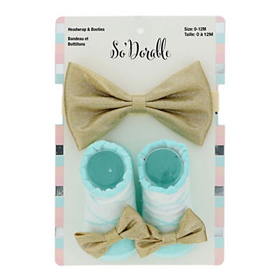 slide 1 of 1, Lil' Duds Aqua &amp; Gold Bow &amp; Bootie Set, 1 ct