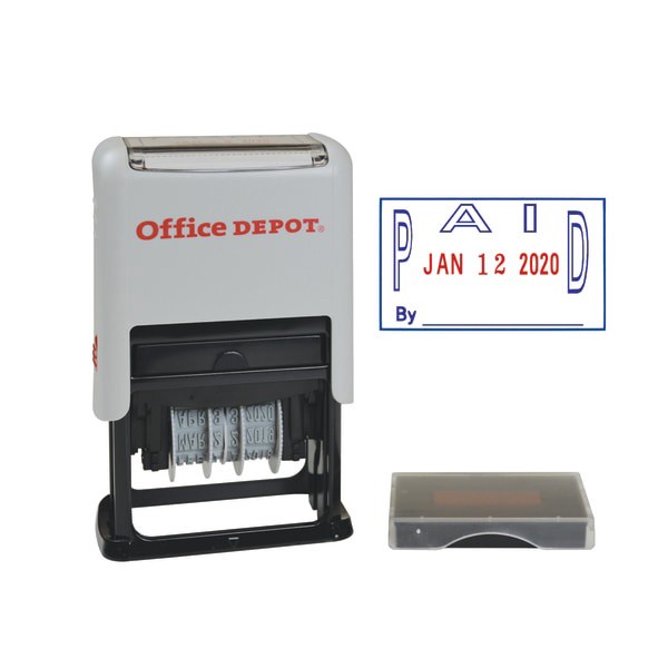 slide 1 of 2, Office Depot Brand Date Paid Dater Stamp Self-Inking With Extra Pad Date Paid Dater Stamp, 1'' X 1-3/4'' Impression, Red And Blue Ink, 1 ct