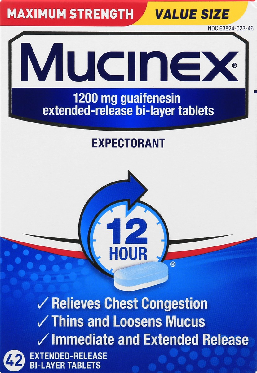 slide 3 of 9, Mucinex Maximum Strength 12 Hour Chest Congestion Expectorant Relief Tablets, 1200 mg, 42 Count, Thins & Loosens Mucus, 42 ct