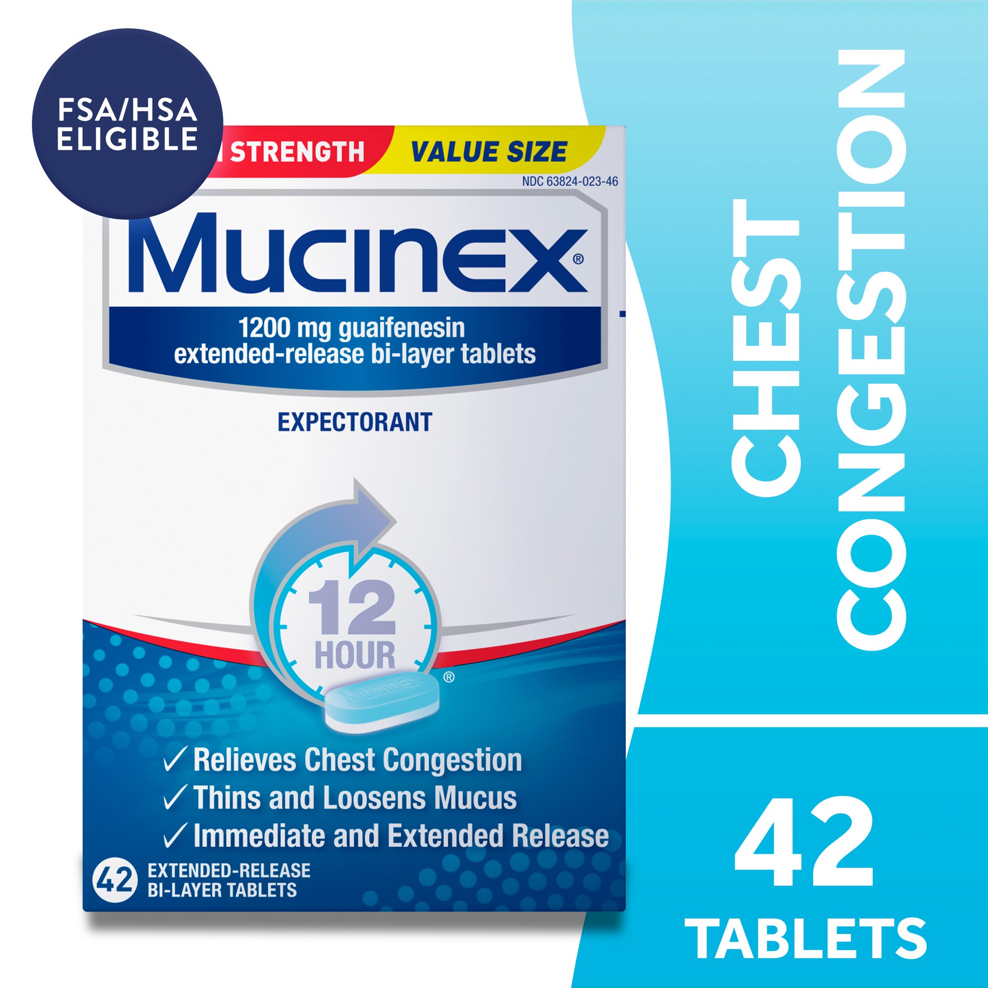 slide 1 of 9, Mucinex Maximum Strength 12 Hour Chest Congestion Expectorant Relief Tablets, 1200 mg, 42 Count, Thins & Loosens Mucus, 42 ct