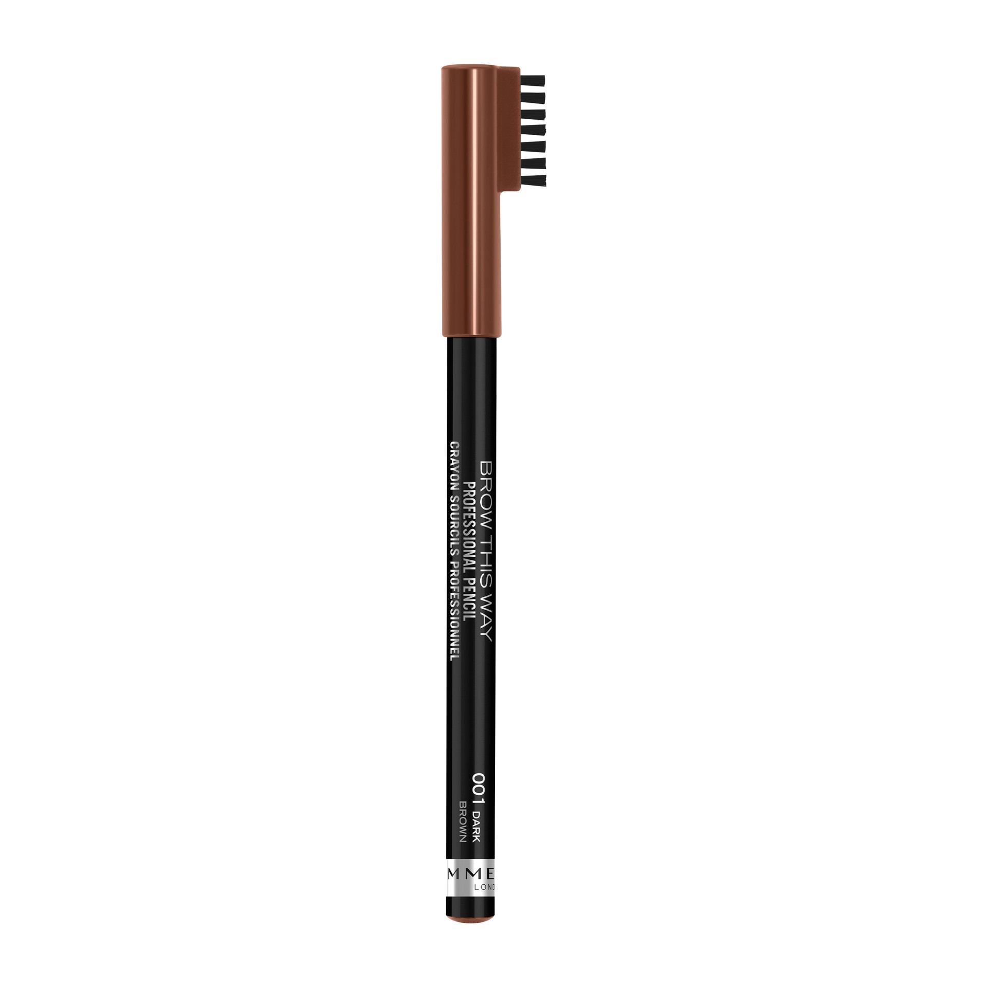 slide 1 of 3, COTY RIMMEL LONDON Rimmel London Brow This Way Professional Eyebrow Pencil, Long-Wearing, Highly-Pigmented, Built-In Brush, 001, Dark Brown, 0.05oz, 1.40 g