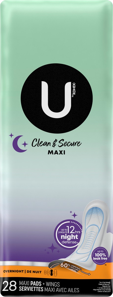 slide 6 of 13, U by Kotex Clean & Secure Overnight Maxi Pads with Wings, 28 Count, 28 ct