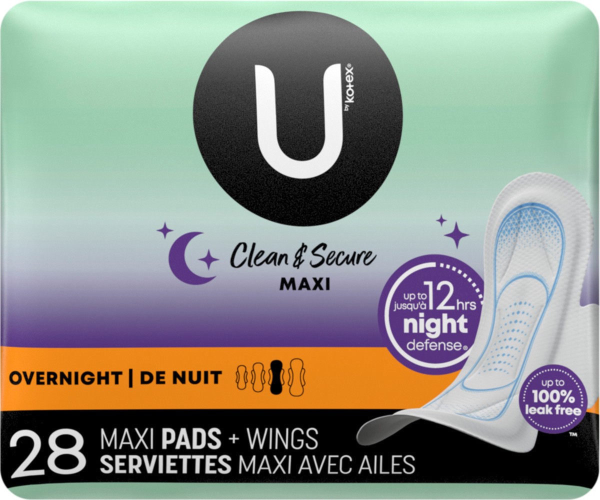 slide 7 of 13, U by Kotex Clean & Secure Overnight Maxi Pads with Wings, 28 Count, 28 ct