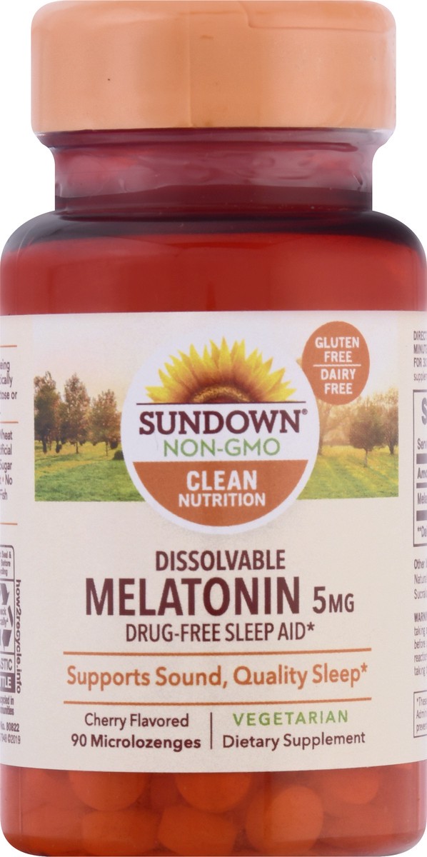 slide 1 of 9, Sundown Non-GMO Dissolvable 5 mg Microlozenges Cherry Flavored Melatonin 90 ea, 90 ct