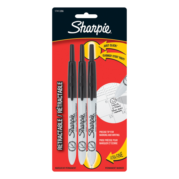 slide 1 of 1, Sharpie Retractable Permanent Markers, Ultra-Fine Point, Black, Pack Of 3 Markers, 3 ct